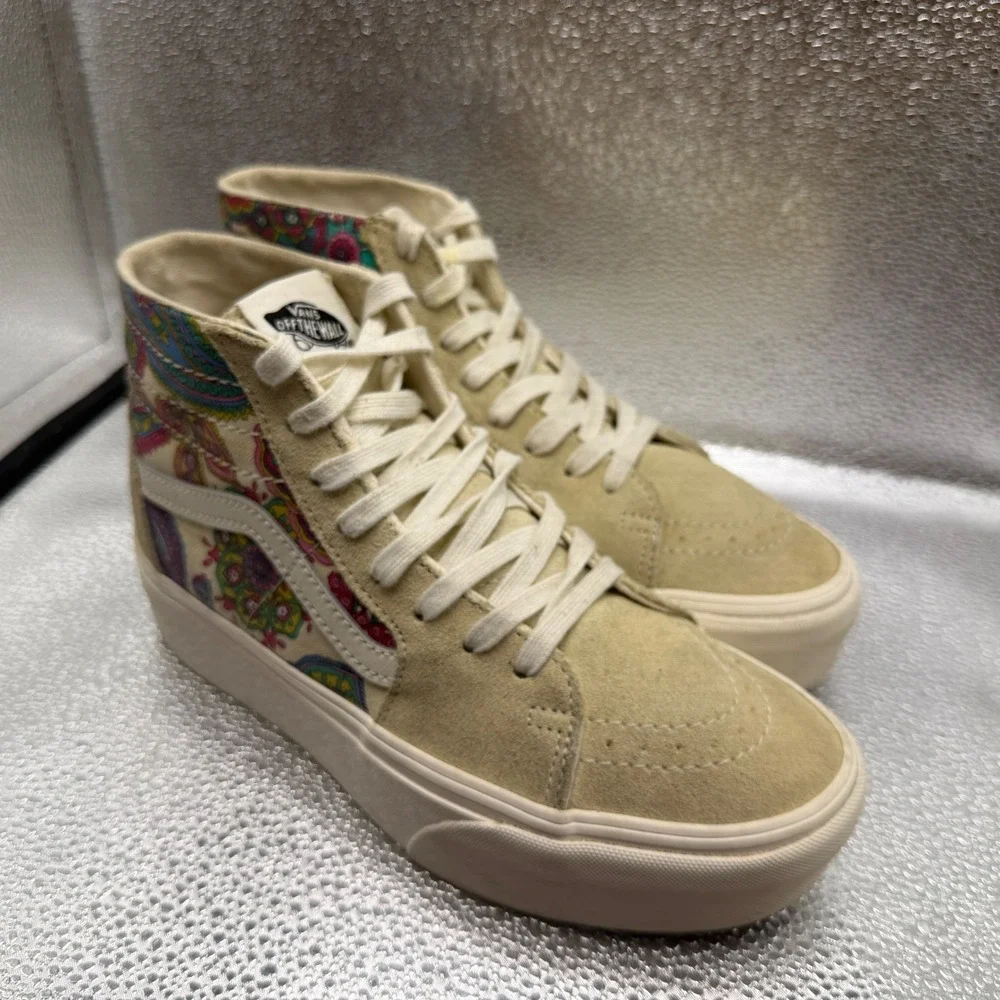 Size 8 Vans Sk8-Hi Stacked Sneakers Womens Tan Paisley Platform HighTop